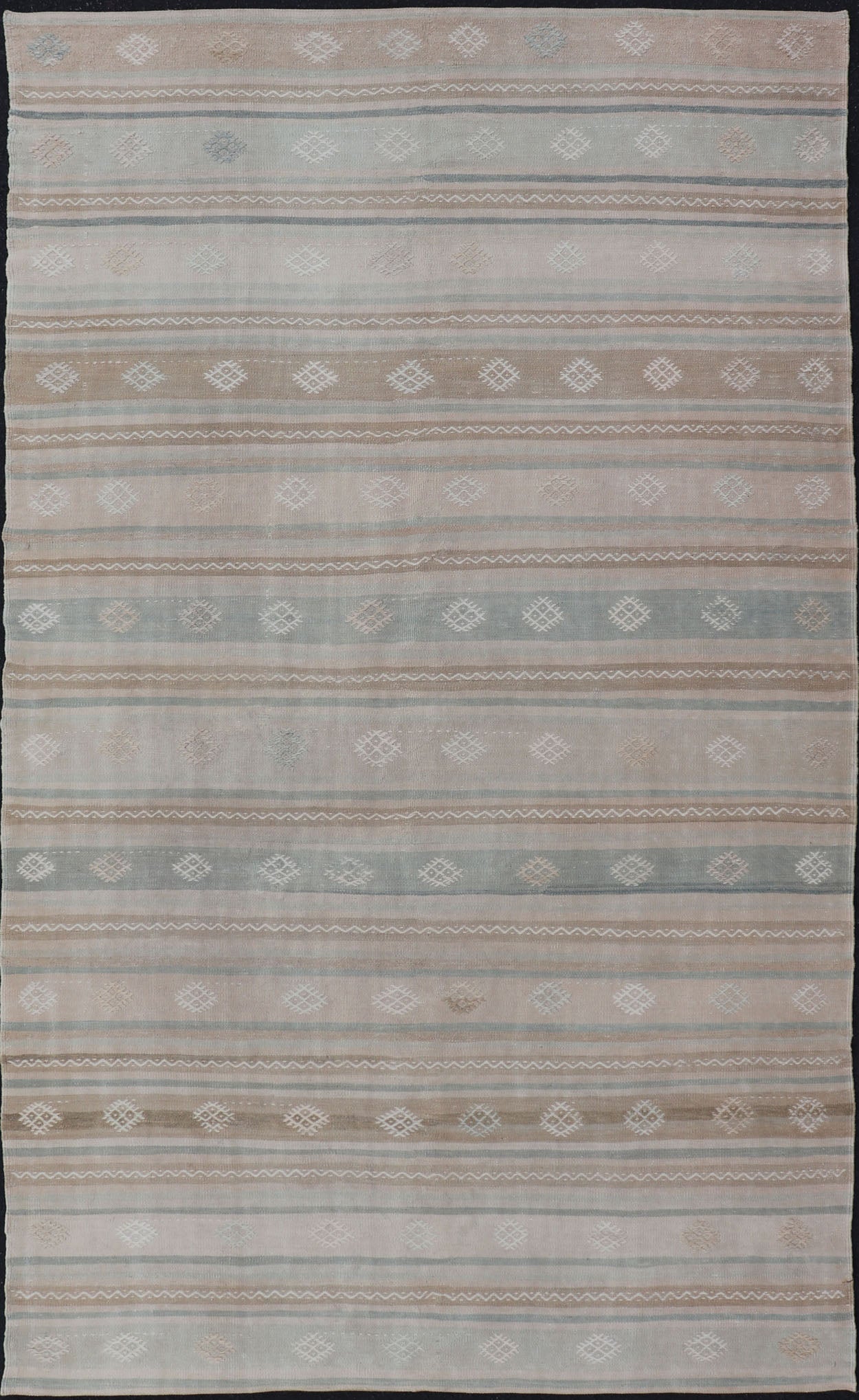Turkish Vintage Kilim Rug With in Tan, Taupe, Brown, Gray Blue, and Earth Tones Minimalist stripe design Kilim from Turkey, Keivan Woven Arts / rug EN - 179776, country of origin / type: Turkey / Kilim, circa 1950 This vintage flat - woven Ki... - Keivan Woven ArtsEN - 179776 - 15392Rug