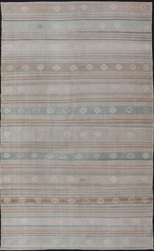 Turkish Vintage Kilim Rug With in Tan, Taupe, Brown, Gray Blue, and Earth Tones Minimalist stripe design Kilim from Turkey, Keivan Woven Arts / rug EN - 179776, country of origin / type: Turkey / Kilim, circa 1950 This vintage flat - woven Ki... - Keivan Woven ArtsEN - 179776 - 15392