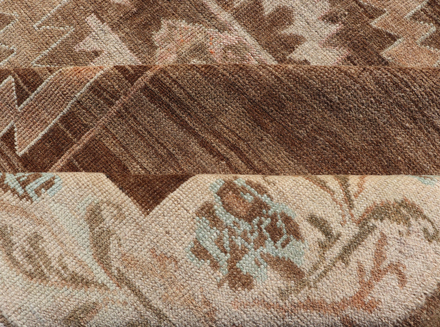 Vintage Turkish Kars Rug in Brown Background with unique row of Medallions. Brown background Vintage Turkish Kars Rug in Mocha, ivory, brown, pale green, cream and taupe, Keivan Woven Arts/ rug/ EN - 179779, country of origin / type: Turkey / Ous... - Keivan Woven ArtsEN - 179779 - 14382Rug