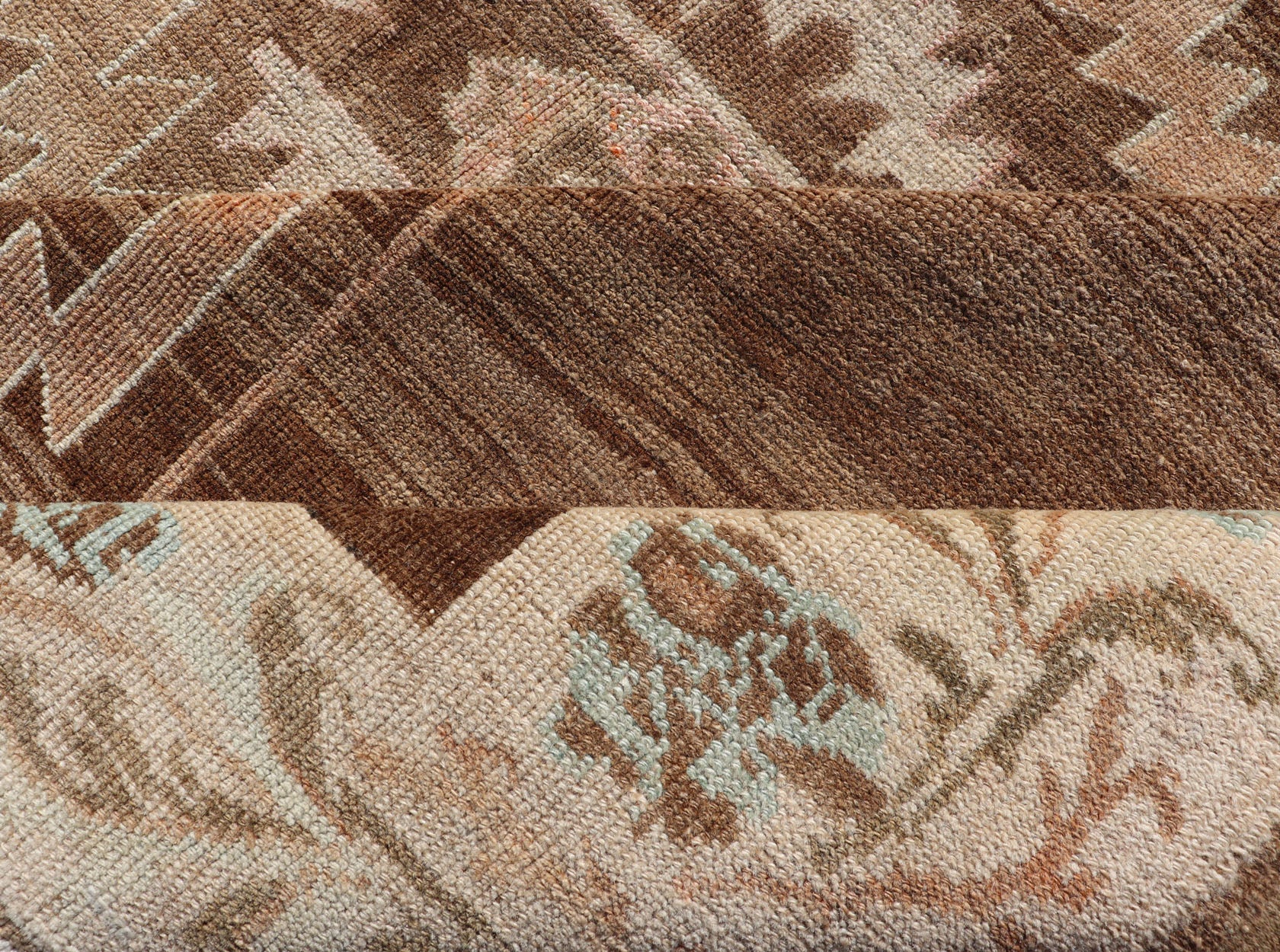 Vintage Turkish Kars Rug in Brown Background with unique row of Medallions. Brown background Vintage Turkish Kars Rug in Mocha, ivory, brown, pale green, cream and taupe, Keivan Woven Arts/ rug/ EN - 179779, country of origin / type: Turkey / Ous... - Keivan Woven ArtsEN - 179779 - 14382Rug