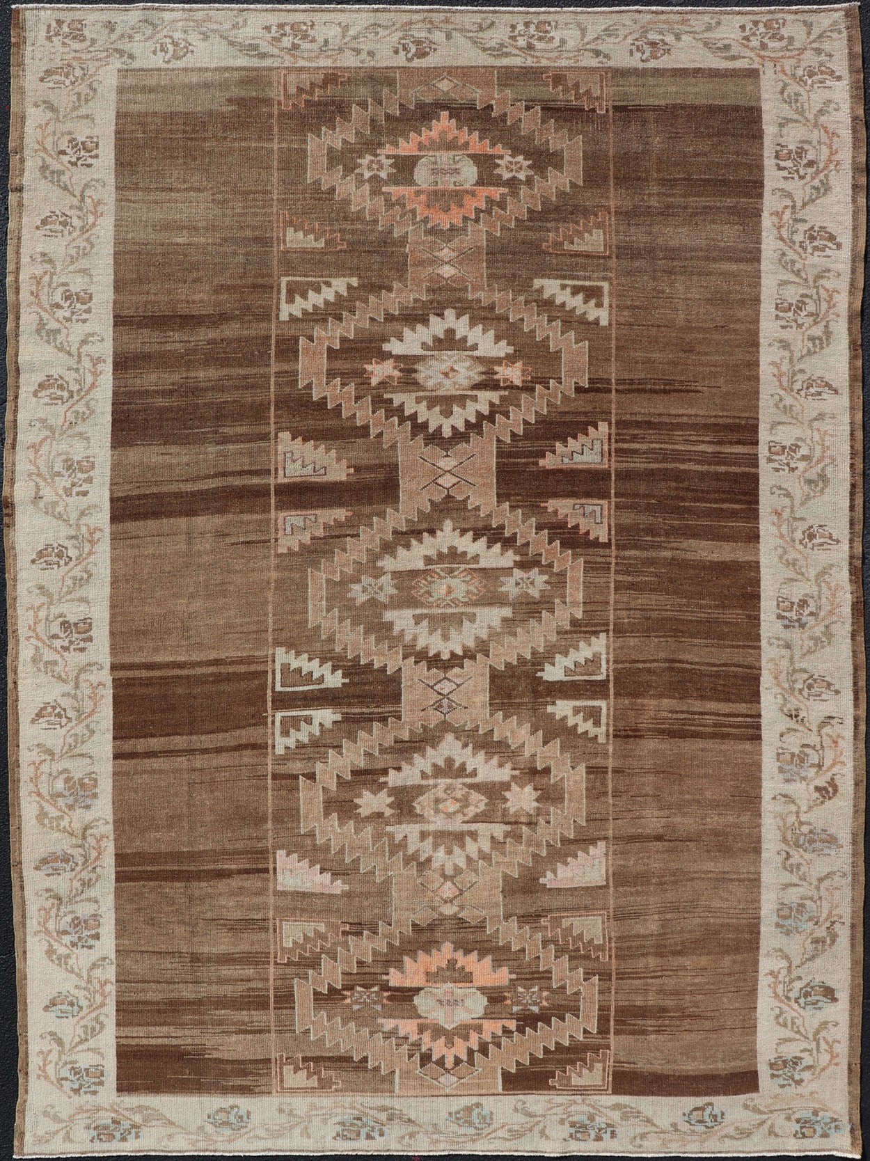Vintage Turkish Kars Rug in Brown Background with unique row of Medallions. Brown background Vintage Turkish Kars Rug in Mocha, ivory, brown, pale green, cream and taupe, Keivan Woven Arts/ rug/ EN - 179779, country of origin / type: Turkey / Ous... - Keivan Woven ArtsEN - 179779 - 14382Rug