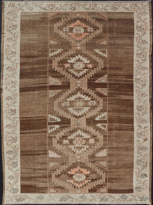 Vintage Turkish Kars Rug in Brown Background with unique row of Medallions. Brown background Vintage Turkish Kars Rug in Mocha, ivory, brown, pale green, cream and taupe, Keivan Woven Arts/ rug/ EN - 179779, country of origin / type: Turkey / Ous... - Keivan Woven ArtsEN - 179779 - 14382Rug
