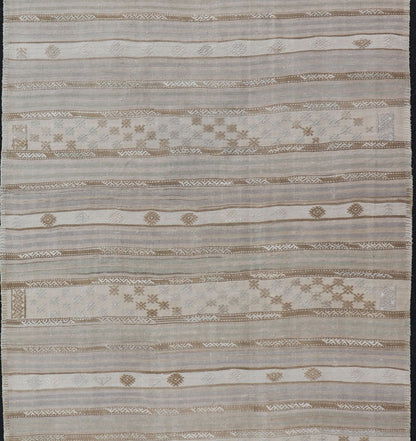 Turkish Flat - Weave Kilim in Muted Colors and Tribal Motifs. Turkish Kilim vintage carpet in light taupe, pale lavender, light brown, light gray and Cream, rug EN - 179780, country of origin / type: Turkey / Kilim , circa 1950 This Kilim rug... - Keivan Woven ArtsEN - 179780 - 14496Rug