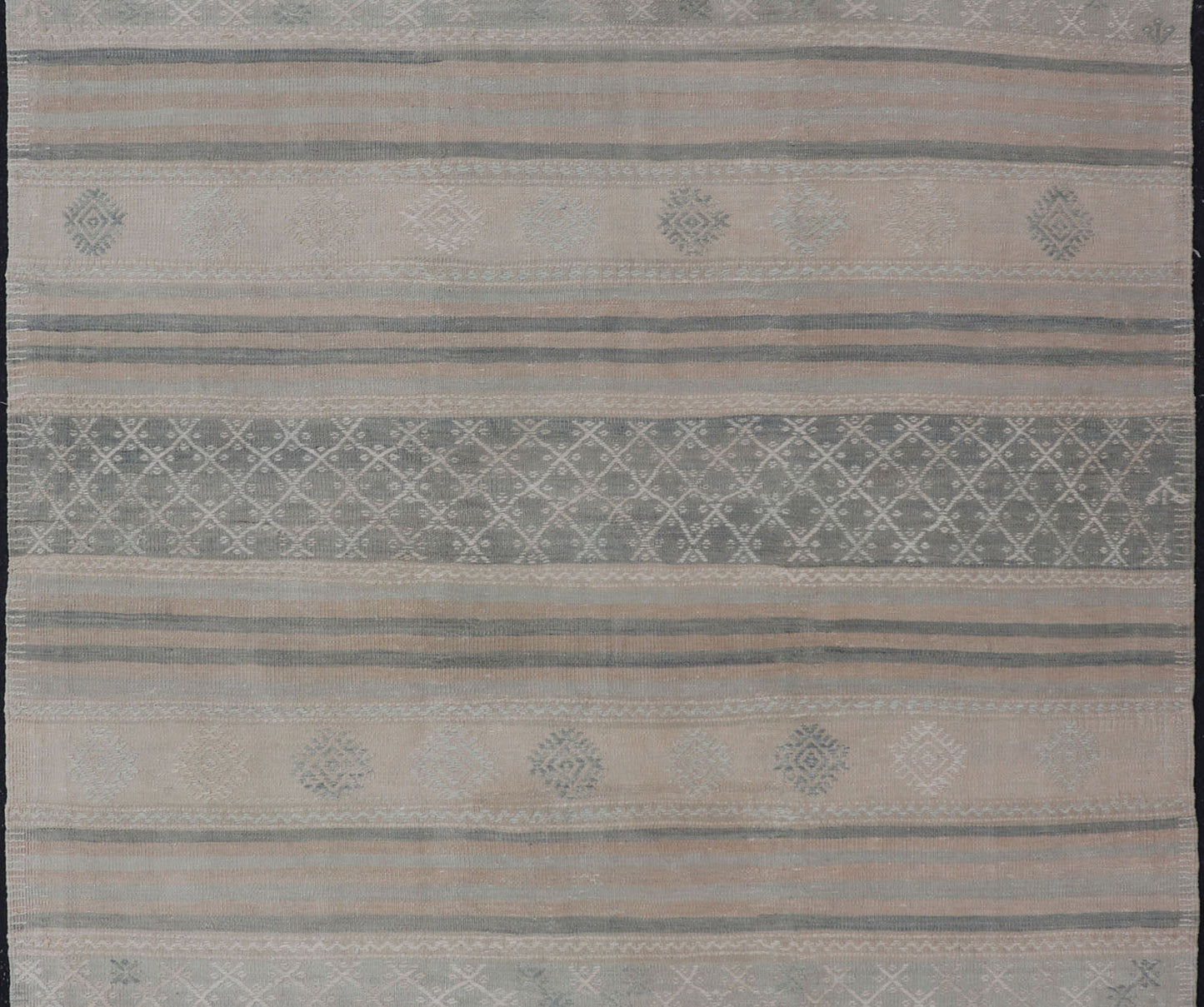 Square Vintage Turkish Kilim rug with horizontal stripes and tribal shapes. Keivan Woven Arts / rug EN - 179781, country of origin / type: Turkey / Kilim, circa mid - 20th century This flat - woven Kilim from Turkey features an enticing composition co... - Keivan Woven ArtsEN - 179781 - 17646Rug