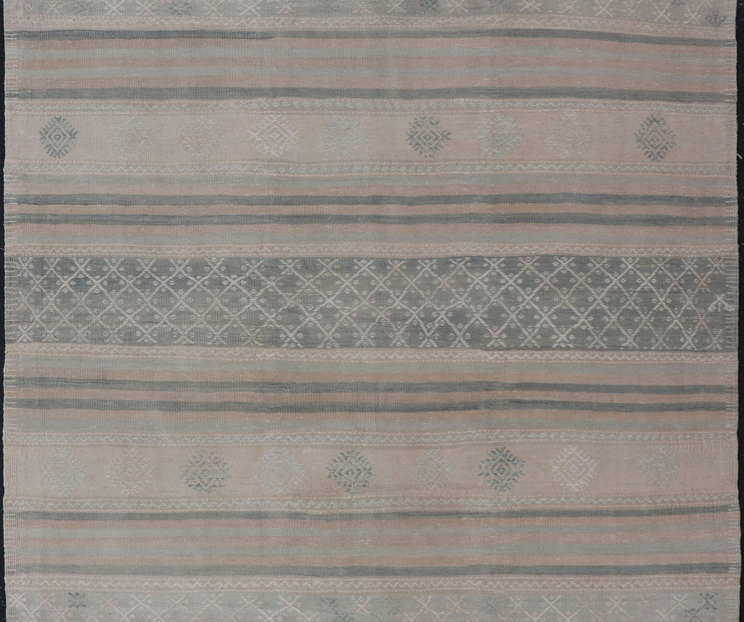 Square Vintage Turkish Kilim rug with horizontal stripes and tribal shapes. Keivan Woven Arts / rug EN - 179781, country of origin / type: Turkey / Kilim, circa mid - 20th century This flat - woven Kilim from Turkey features an enticing composition co... - Keivan Woven ArtsEN - 179781 - 17646Rug