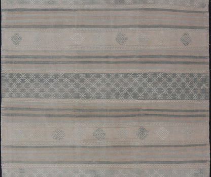 Square Vintage Turkish Kilim rug with horizontal stripes and tribal shapes. Keivan Woven Arts / rug EN - 179781, country of origin / type: Turkey / Kilim, circa mid - 20th century This flat - woven Kilim from Turkey features an enticing composition co... - Keivan Woven ArtsEN - 179781 - 17646Rug