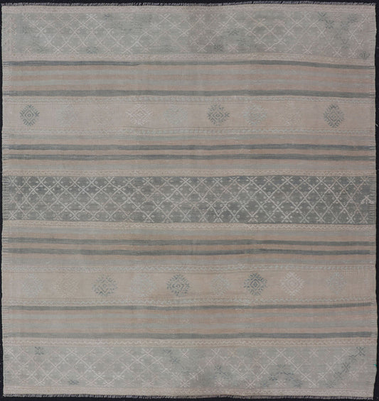 Square Vintage Turkish Kilim rug with horizontal stripes and tribal shapes. Keivan Woven Arts / rug EN - 179781, country of origin / type: Turkey / Kilim, circa mid - 20th century This flat - woven Kilim from Turkey features an enticing composition co... - Keivan Woven ArtsEN - 179781 - 17646