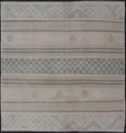 Square Vintage Turkish Kilim rug with horizontal stripes and tribal shapes. Keivan Woven Arts / rug EN - 179781, country of origin / type: Turkey / Kilim, circa mid - 20th century This flat - woven Kilim from Turkey features an enticing composition co... - Keivan Woven ArtsEN - 179781 - 17646Rug