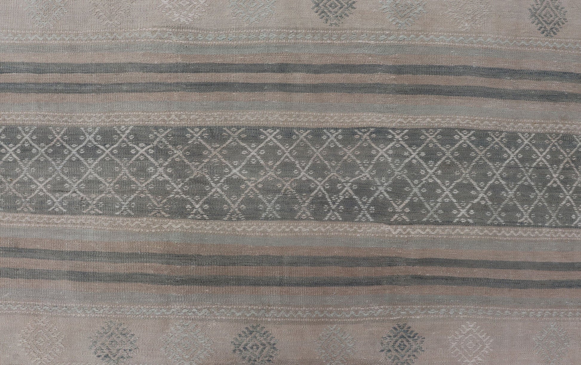 Square Vintage Turkish Kilim rug with horizontal stripes and tribal shapes. Keivan Woven Arts / rug EN - 179781, country of origin / type: Turkey / Kilim, circa mid - 20th century This flat - woven Kilim from Turkey features an enticing composition co... - Keivan Woven ArtsEN - 179781 - 17646Rug