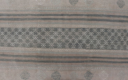 Square Vintage Turkish Kilim rug with horizontal stripes and tribal shapes. Keivan Woven Arts / rug EN - 179781, country of origin / type: Turkey / Kilim, circa mid - 20th century This flat - woven Kilim from Turkey features an enticing composition co... - Keivan Woven ArtsEN - 179781 - 17646Rug
