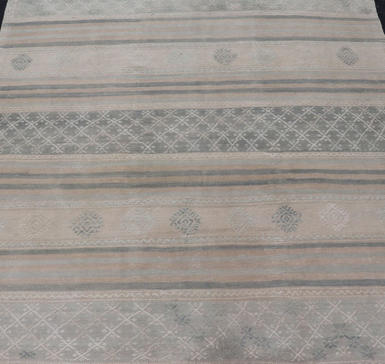 Square Vintage Turkish Kilim rug with horizontal stripes and tribal shapes. Keivan Woven Arts / rug EN - 179781, country of origin / type: Turkey / Kilim, circa mid - 20th century This flat - woven Kilim from Turkey features an enticing composition co... - Keivan Woven ArtsEN - 179781 - 17646Rug