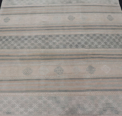 Square Vintage Turkish Kilim rug with horizontal stripes and tribal shapes. Keivan Woven Arts / rug EN - 179781, country of origin / type: Turkey / Kilim, circa mid - 20th century This flat - woven Kilim from Turkey features an enticing composition co... - Keivan Woven ArtsEN - 179781 - 17646Rug