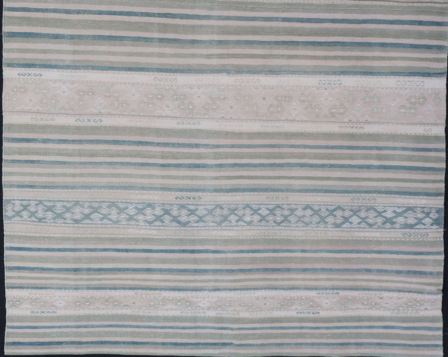 Vintage Flat - Weave Kilim with Embroideries in Blush, Green, Blue and Gray Vintage flat - weave Kilim with embroideries in blush, green, blue and gray with a modern design geometric stripe design Vintage Kilim from Turkey, Keivan Woven Arts/rug/... - Keivan Woven ArtsEN - 179788 - 14418Rug