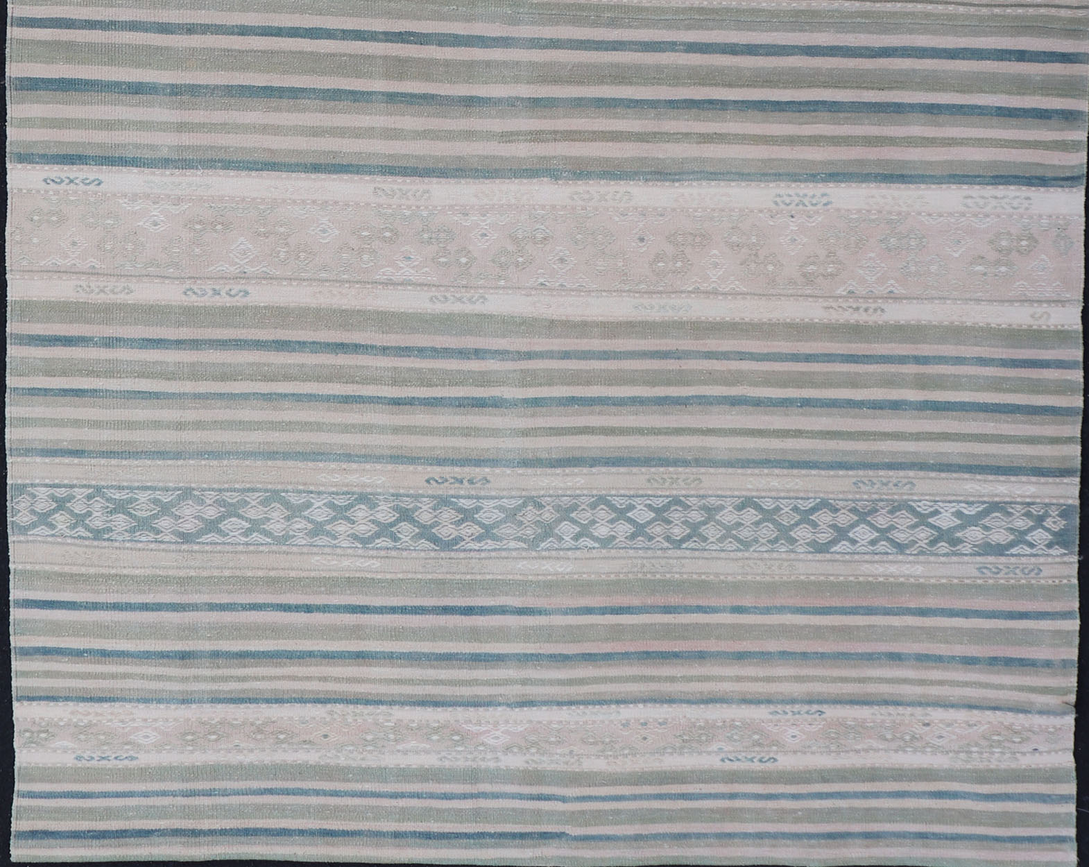 Vintage Flat - Weave Kilim with Embroideries in Blush, Green, Blue and Gray Vintage flat - weave Kilim with embroideries in blush, green, blue and gray with a modern design geometric stripe design Vintage Kilim from Turkey, Keivan Woven Arts/rug/... - Keivan Woven ArtsEN - 179788 - 14418Rug