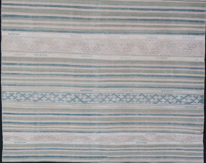 Vintage Flat - Weave Kilim with Embroideries in Blush, Green, Blue and Gray Vintage flat - weave Kilim with embroideries in blush, green, blue and gray with a modern design geometric stripe design Vintage Kilim from Turkey, Keivan Woven Arts/rug/... - Keivan Woven ArtsEN - 179788 - 14418Rug