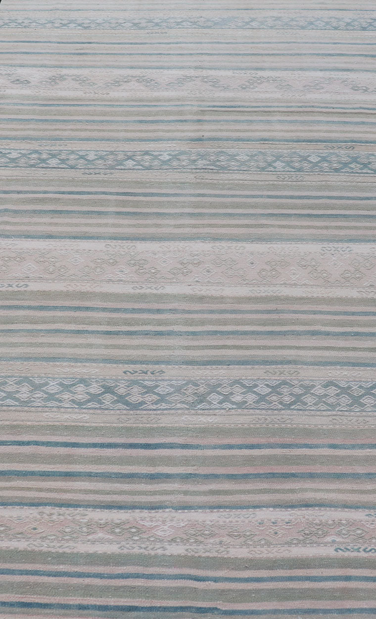 Vintage Flat - Weave Kilim with Embroideries in Blush, Green, Blue and Gray Vintage flat - weave Kilim with embroideries in blush, green, blue and gray with a modern design geometric stripe design Vintage Kilim from Turkey, Keivan Woven Arts/rug/... - Keivan Woven ArtsEN - 179788 - 14418Rug
