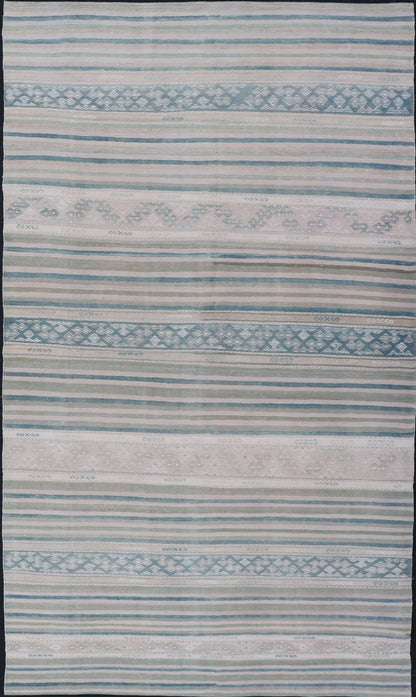 Vintage Flat - Weave Kilim with Embroideries in Blush, Green, Blue and Gray Vintage flat - weave Kilim with embroideries in blush, green, blue and gray with a modern design geometric stripe design Vintage Kilim from Turkey, Keivan Woven Arts/rug/... - Keivan Woven ArtsEN - 179788 - 14418Rug