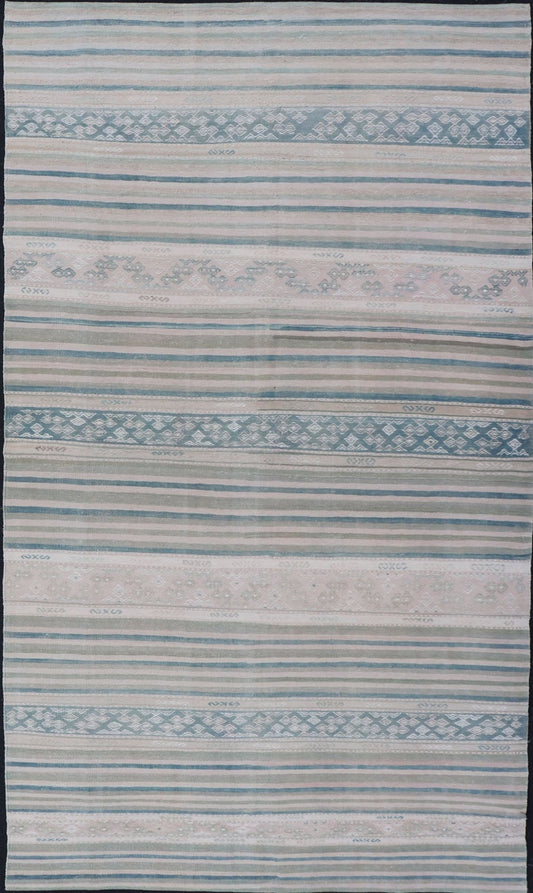 Vintage Flat - Weave Kilim with Embroideries in Blush, Green, Blue and Gray Vintage flat - weave Kilim with embroideries in blush, green, blue and gray with a modern design geometric stripe design Vintage Kilim from Turkey, Keivan Woven Arts/rug/... - Keivan Woven ArtsEN - 179788 - 14418Rug