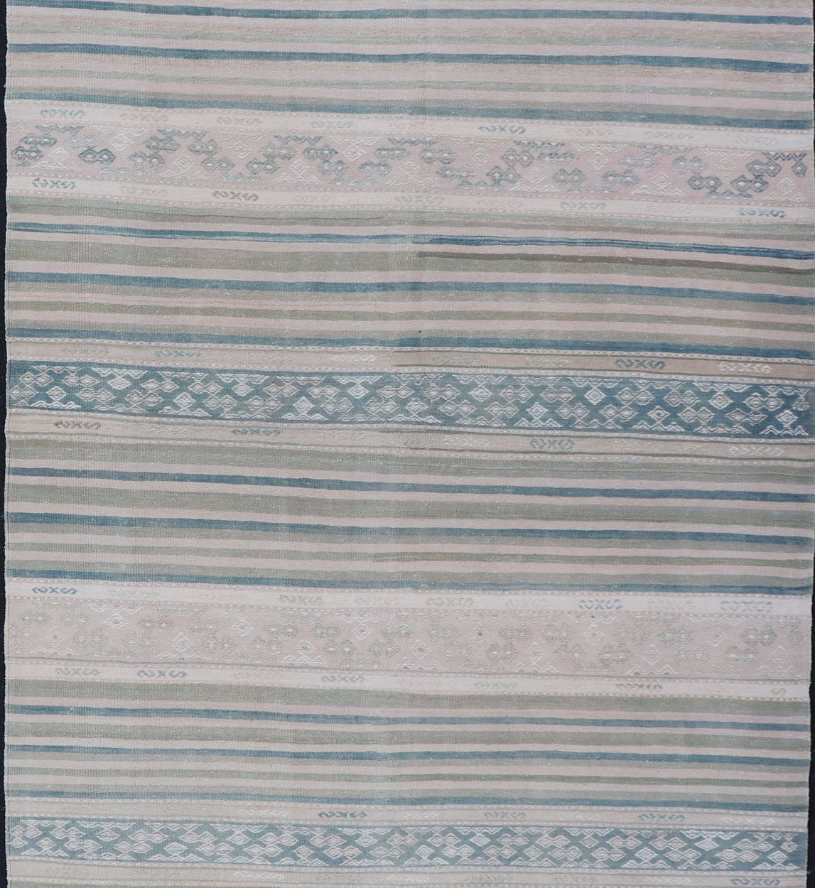 Vintage Flat - Weave Kilim with Embroideries in Blush, Green, Blue and Gray Vintage flat - weave Kilim with embroideries in blush, green, blue and gray with a modern design geometric stripe design Vintage Kilim from Turkey, Keivan Woven Arts/rug/... - Keivan Woven ArtsEN - 179788 - 14418Rug