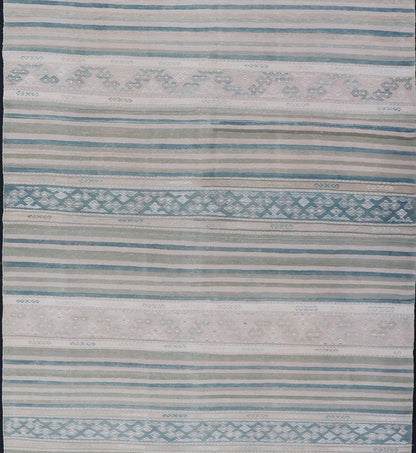 Vintage Flat - Weave Kilim with Embroideries in Blush, Green, Blue and Gray Vintage flat - weave Kilim with embroideries in blush, green, blue and gray with a modern design geometric stripe design Vintage Kilim from Turkey, Keivan Woven Arts/rug/... - Keivan Woven ArtsEN - 179788 - 14418Rug