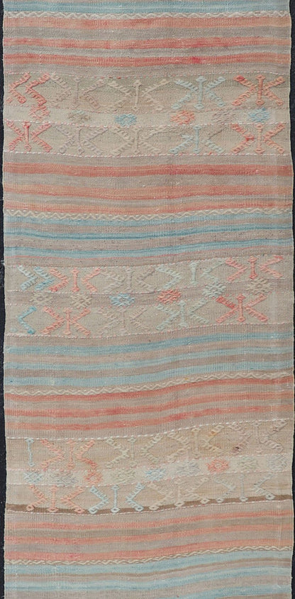 Geometric Stripe Vintage Turkish Kilim Flat - Weave Runner in Tan and Coral Color Turkish Kilim vintage carpet in blue - grey, soft coral, and cream. Keivan Woven Arts / rug EN - 179854, country of origin / type: Turkey / Kilim, circa 1950 ... - Keivan Woven ArtsEN - 179854 - 17658Rug
