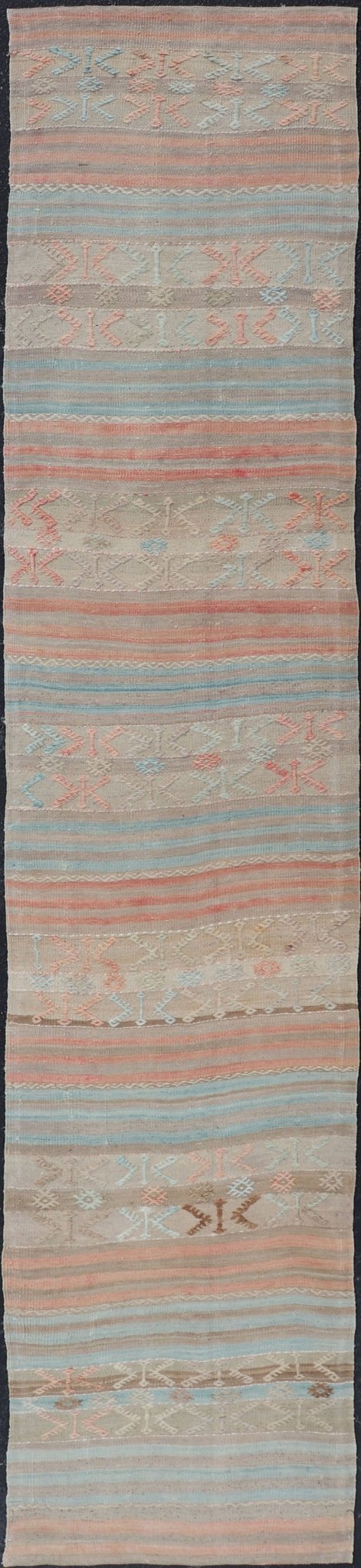 Geometric Stripe Vintage Turkish Kilim Flat - Weave Runner in Tan and Coral Color Turkish Kilim vintage carpet in blue - grey, soft coral, and cream. Keivan Woven Arts / rug EN - 179854, country of origin / type: Turkey / Kilim, circa 1950 ... - Keivan Woven ArtsEN - 179854 - 17658