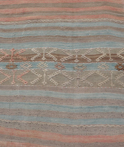 Geometric Stripe Vintage Turkish Kilim Flat - Weave Runner in Tan and Coral Color Turkish Kilim vintage carpet in blue - grey, soft coral, and cream. Keivan Woven Arts / rug EN - 179854, country of origin / type: Turkey / Kilim, circa 1950 ... - Keivan Woven ArtsEN - 179854 - 17658Rug