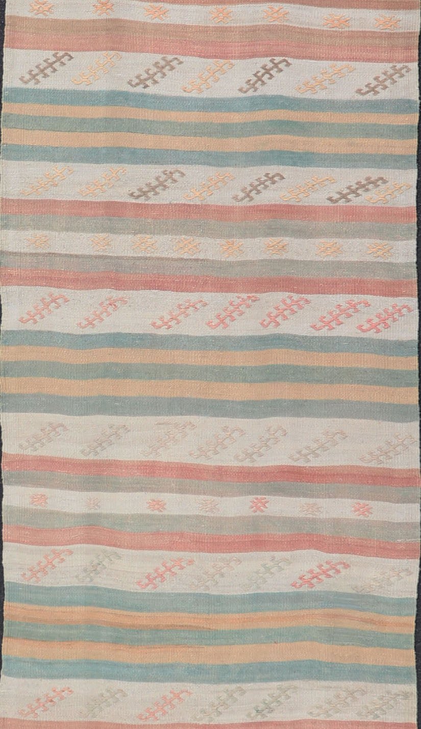 Vintage Turkish Kilim Runner with Stripes in Cream, Lt Green, Coral & Yellow. Keivan Woven Arts / rug EN - 179866, country of origin / type: Turkey / Kilim, circa Mid - 20th Century. Measures: 3'2 x 15'0 This vintage flat - woven kilim runner features... - Keivan Woven ArtsEN - 179866 - 15396Rug