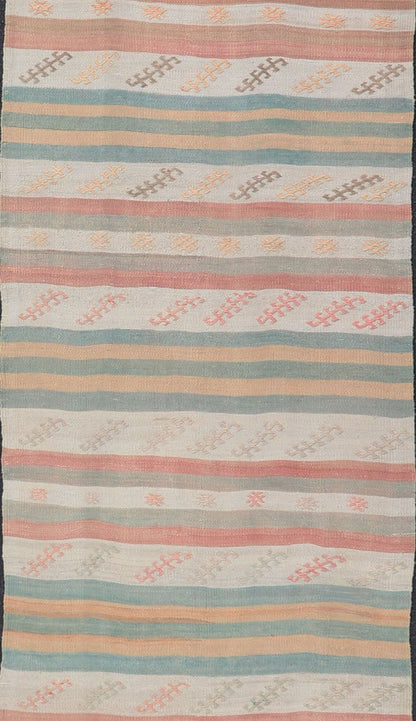 Vintage Turkish Kilim Runner with Stripes in Cream, Lt Green, Coral & Yellow. Keivan Woven Arts / rug EN - 179866, country of origin / type: Turkey / Kilim, circa Mid - 20th Century. Measures: 3'2 x 15'0 This vintage flat - woven kilim runner features... - Keivan Woven ArtsEN - 179866 - 15396Rug