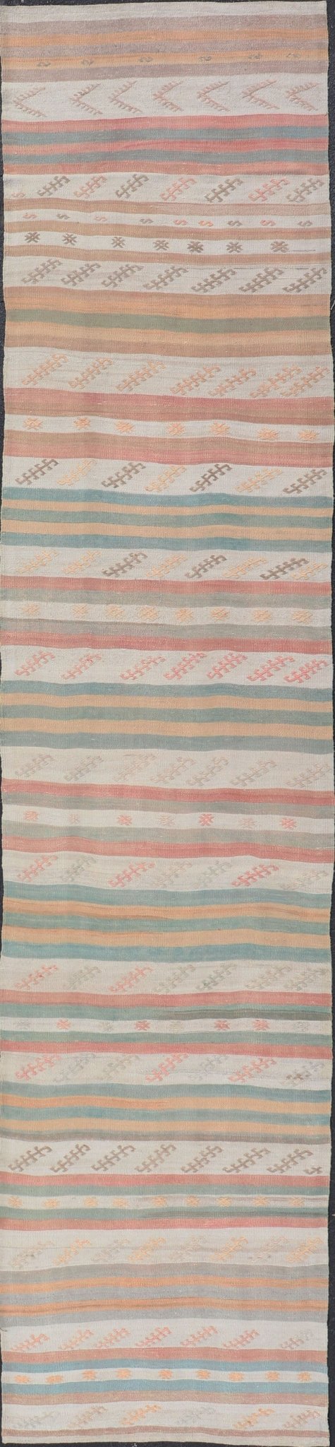 Vintage Turkish Kilim Runner with Stripes in Cream, Lt Green, Coral & Yellow. Keivan Woven Arts / rug EN - 179866, country of origin / type: Turkey / Kilim, circa Mid - 20th Century. Measures: 3'2 x 15'0 This vintage flat - woven kilim runner features... - Keivan Woven ArtsEN - 179866 - 15396
