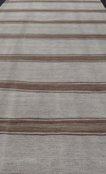 Minimalist Design Vintage Turkish Kilim Runner with Grey, Brown and Taupe Turkish Vintage Minimalist design stripe Kilim runner in grey, light brown, and taupe, Keivan Woven Arts / rug EN - 179867, country of origin / type: Turkey / Kilim, circa ... - Keivan Woven ArtsEN - 179867 - 17670Rug