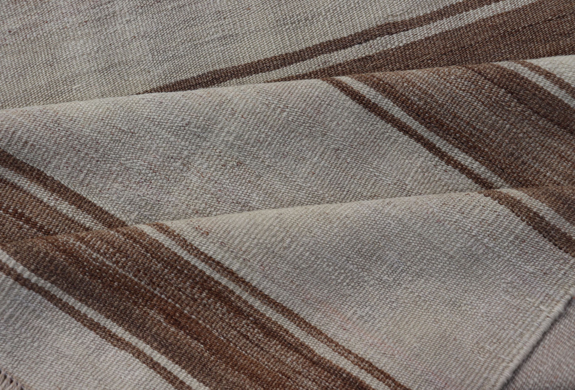 Minimalist Design Vintage Turkish Kilim Runner with Grey, Brown and Taupe Turkish Vintage Minimalist design stripe Kilim runner in grey, light brown, and taupe, Keivan Woven Arts / rug EN - 179867, country of origin / type: Turkey / Kilim, circa ... - Keivan Woven ArtsEN - 179867 - 17670Rug
