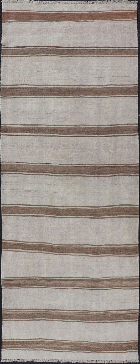Minimalist Design Vintage Turkish Kilim Runner with Grey, Brown and Taupe Turkish Vintage Minimalist design stripe Kilim runner in grey, light brown, and taupe, Keivan Woven Arts / rug EN - 179867, country of origin / type: Turkey / Kilim, circa ... - Keivan Woven ArtsEN - 179867 - 17670