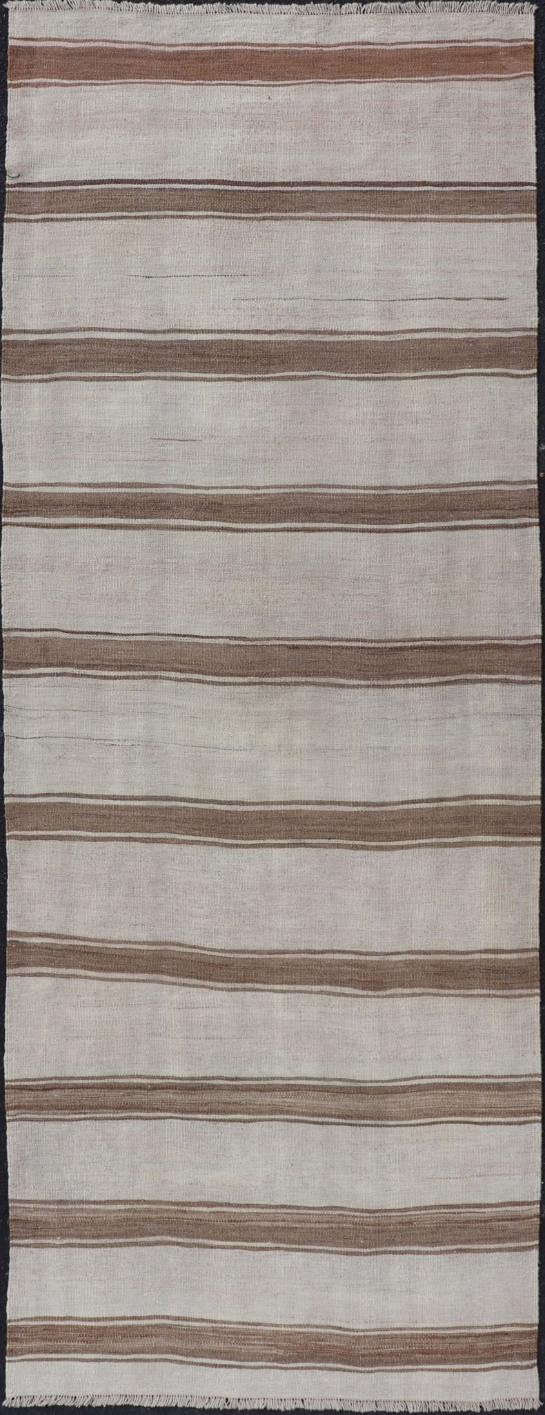 Minimalist Design Vintage Turkish Kilim Runner with Grey, Brown and Taupe Turkish Vintage Minimalist design stripe Kilim runner in grey, light brown, and taupe, Keivan Woven Arts / rug EN - 179867, country of origin / type: Turkey / Kilim, circa ... - Keivan Woven ArtsEN - 179867 - 17670Rug