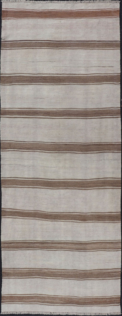 Minimalist Design Vintage Turkish Kilim Runner with Grey, Brown and Taupe Turkish Vintage Minimalist design stripe Kilim runner in grey, light brown, and taupe, Keivan Woven Arts / rug EN - 179867, country of origin / type: Turkey / Kilim, circa ... - Keivan Woven ArtsEN - 179867 - 17670Rug