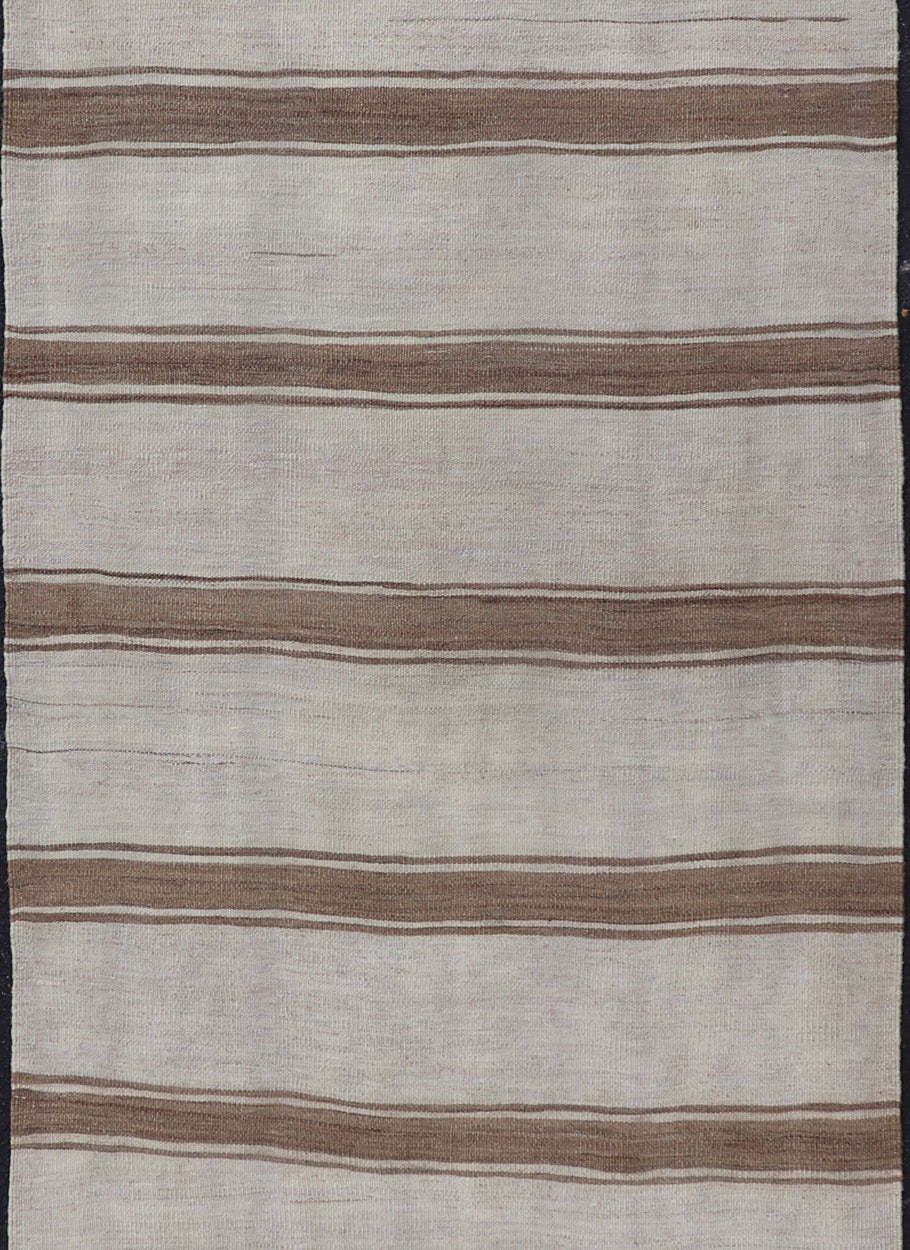 Minimalist Design Vintage Turkish Kilim Runner with Grey, Brown and Taupe Turkish Vintage Minimalist design stripe Kilim runner in grey, light brown, and taupe, Keivan Woven Arts / rug EN - 179867, country of origin / type: Turkey / Kilim, circa ... - Keivan Woven ArtsEN - 179867 - 17670Rug