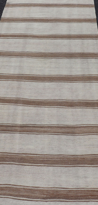 Minimalist Design Vintage Turkish Kilim Runner with Grey, Brown and Taupe Turkish Vintage Minimalist design stripe Kilim runner in grey, light brown, and taupe, Keivan Woven Arts / rug EN - 179867, country of origin / type: Turkey / Kilim, circa ... - Keivan Woven ArtsEN - 179867 - 17670Rug