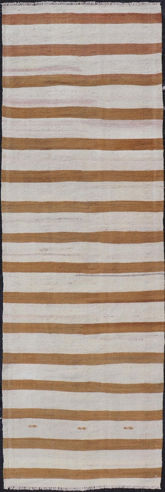 Vintage Turkish Kilim Rug with Horizontal Stripes in Brown and Cream Vintage Kilim Rug, rug EN - 179869, country of origin / type: Turkey / Kilim, circa Mid - 20th Century. Measures: 2'6 x 8'5. - Keivan Woven ArtsEN - 179869 - 18541Rug