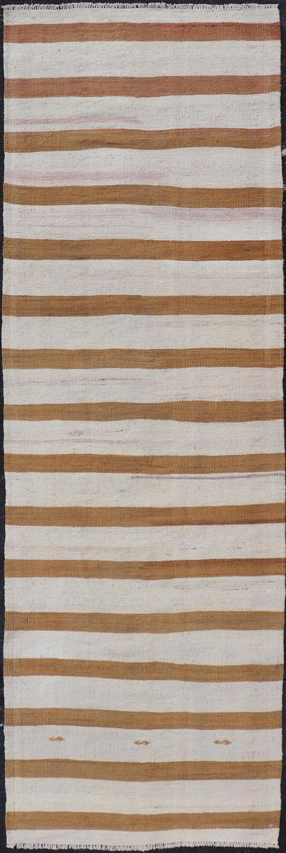 Vintage Turkish Kilim Rug with Horizontal Stripes in Brown and Cream Vintage Kilim Rug, rug EN - 179869, country of origin / type: Turkey / Kilim, circa Mid - 20th Century. Measures: 2'6 x 8'5. - Keivan Woven ArtsEN - 179869 - 18541Rug