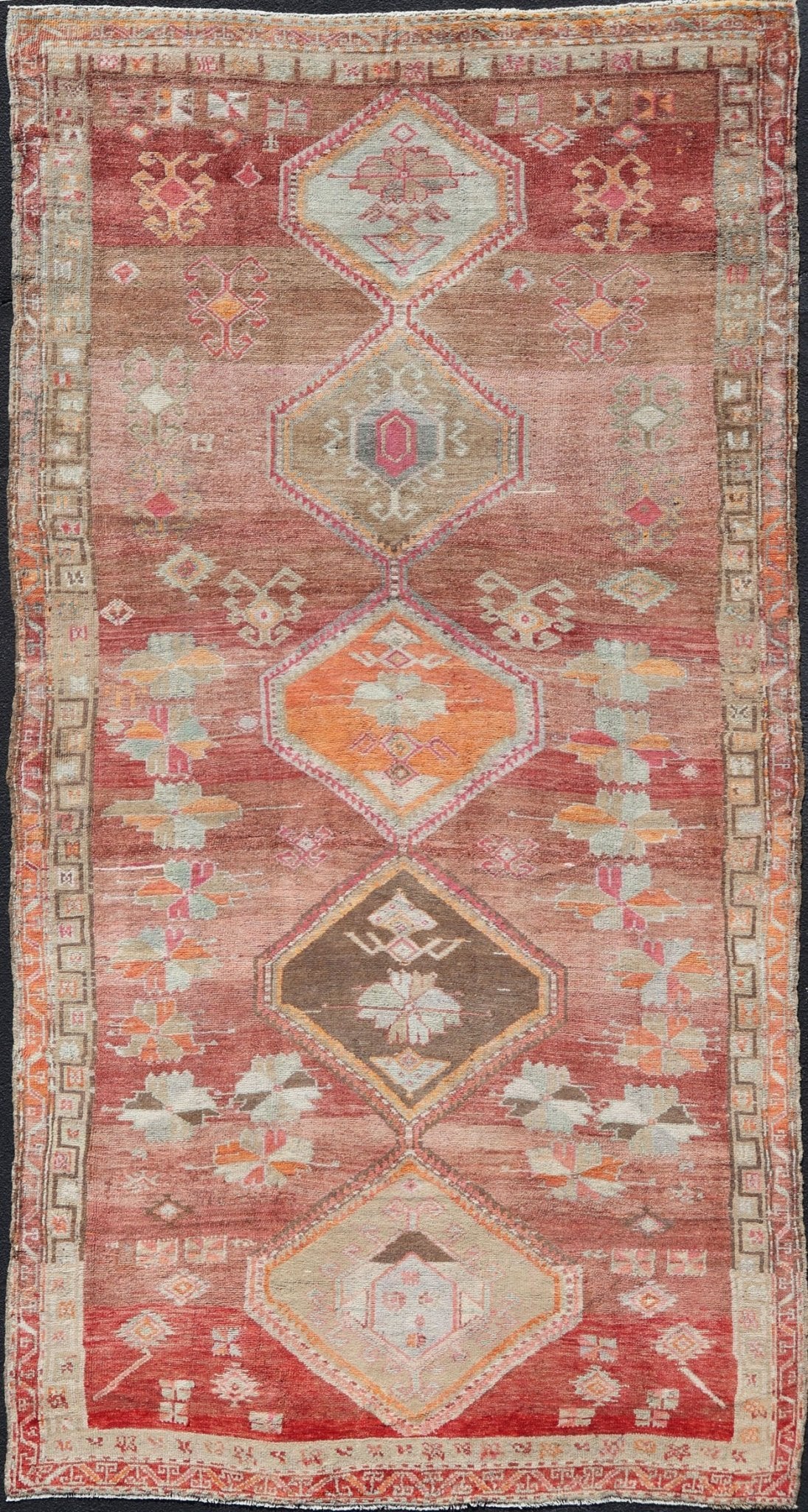 Long Rug, Vintage Turkish Gallery Rug with Tribal Design in Variegated Red. Turkish tribal design colorful gallery runner in soft red and multi colors, rug EN - 179883, country of origin / type: Turkey / Oushak, circa 1930 This expansive G... - Keivan Woven ArtsEN - 179883 - 14254Rug