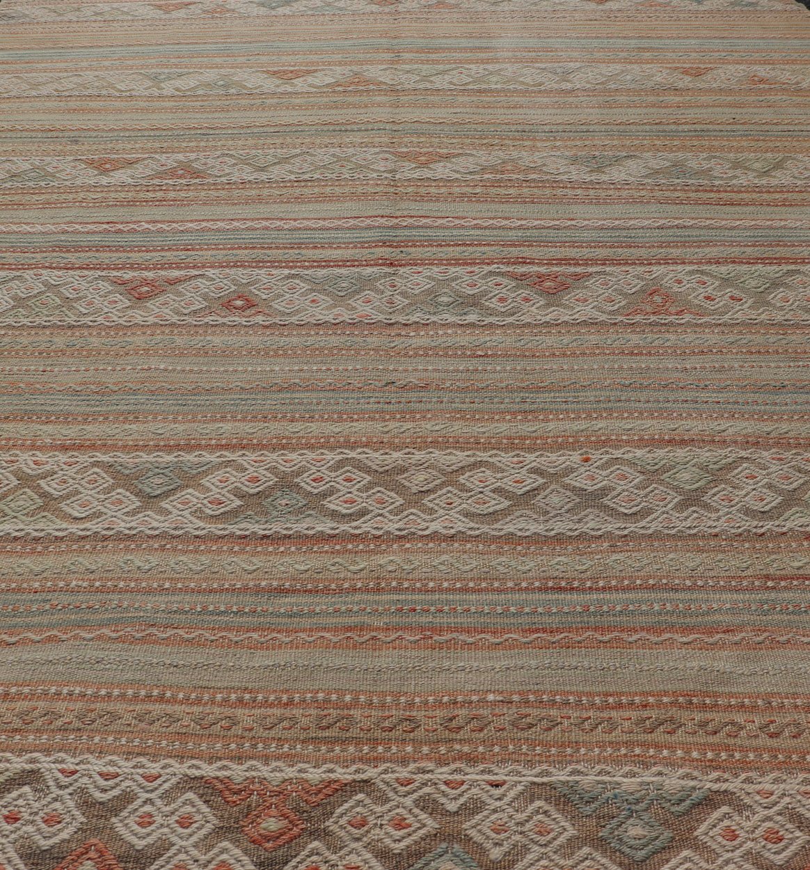 Muted Colored Vintage Embroidered Kilim with Stripes and alternating Geometric motifs. Geometric stripe design Kilim runner in multi - colors in muted tones, rug EN - 179892, country of origin / type: Turkey / Kilim, circa 1950 This vintage K... - Keivan Woven ArtsEN - 179892 - 14500Rug