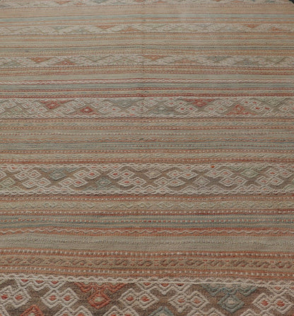 Muted Colored Vintage Embroidered Kilim with Stripes and alternating Geometric motifs. Geometric stripe design Kilim runner in multi - colors in muted tones, rug EN - 179892, country of origin / type: Turkey / Kilim, circa 1950 This vintage K... - Keivan Woven ArtsEN - 179892 - 14500Rug