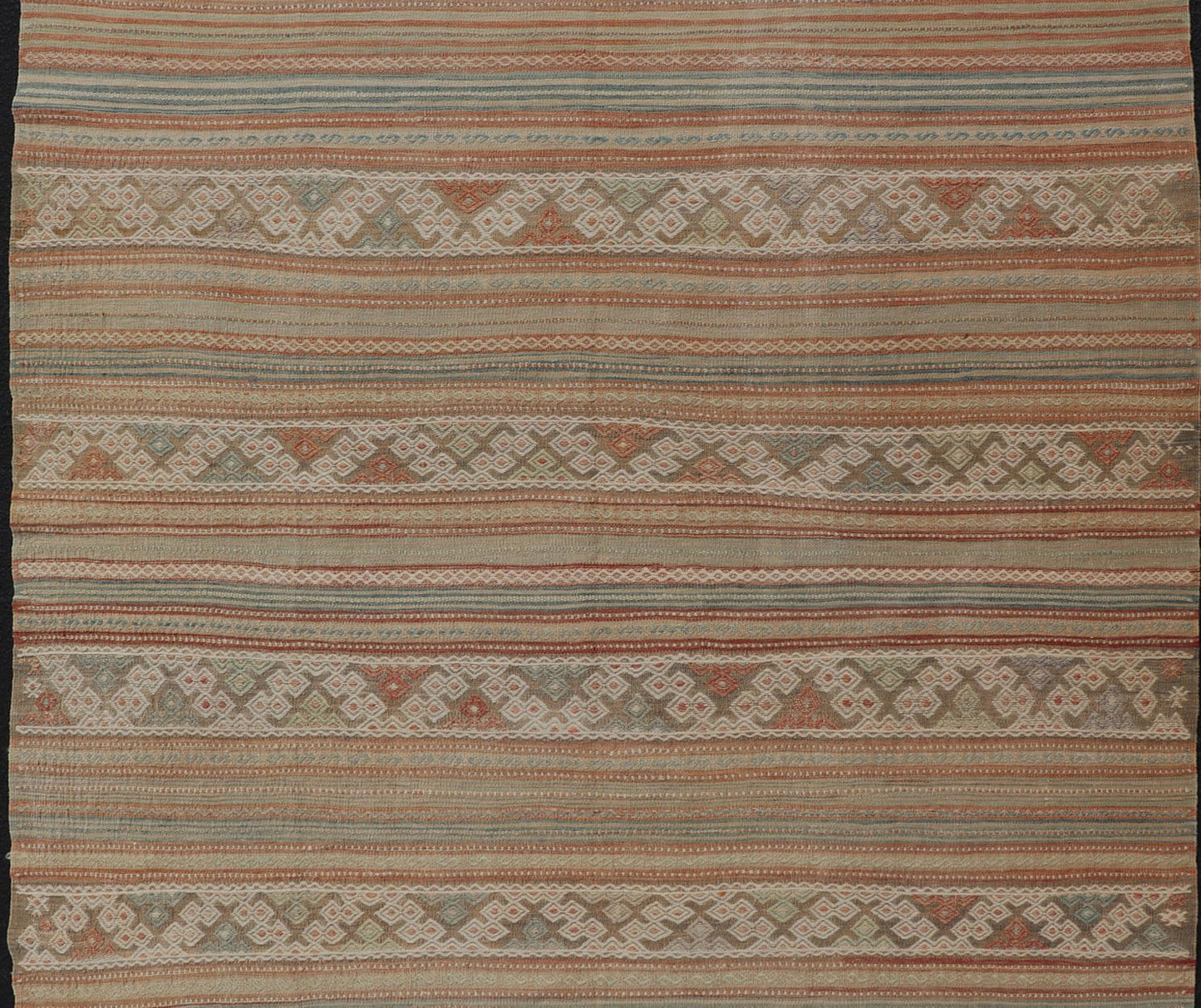 Muted Colored Vintage Embroidered Kilim with Stripes and alternating Geometric motifs. Geometric stripe design Kilim runner in multi - colors in muted tones, rug EN - 179892, country of origin / type: Turkey / Kilim, circa 1950 This vintage K... - Keivan Woven ArtsEN - 179892 - 14500Rug
