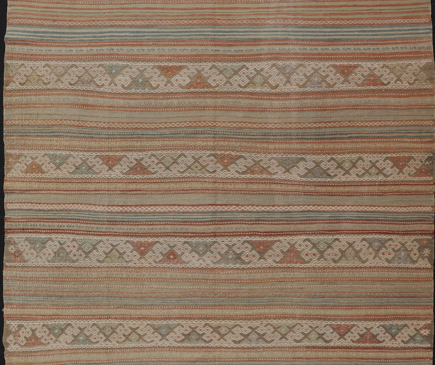 Muted Colored Vintage Embroidered Kilim with Stripes and alternating Geometric motifs. Geometric stripe design Kilim runner in multi - colors in muted tones, rug EN - 179892, country of origin / type: Turkey / Kilim, circa 1950 This vintage K... - Keivan Woven ArtsEN - 179892 - 14500Rug