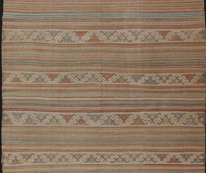 Muted Colored Vintage Embroidered Kilim with Stripes and alternating Geometric motifs. Geometric stripe design Kilim runner in multi - colors in muted tones, rug EN - 179892, country of origin / type: Turkey / Kilim, circa 1950 This vintage K... - Keivan Woven ArtsEN - 179892 - 14500Rug