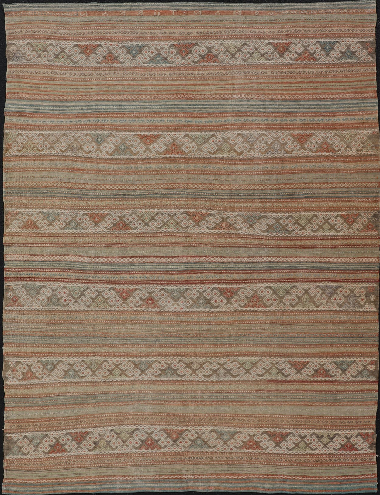Muted Colored Vintage Embroidered Kilim with Stripes and alternating Geometric motifs. Geometric stripe design Kilim runner in multi - colors in muted tones, rug EN - 179892, country of origin / type: Turkey / Kilim, circa 1950 This vintage K... - Keivan Woven ArtsEN - 179892 - 14500Rug