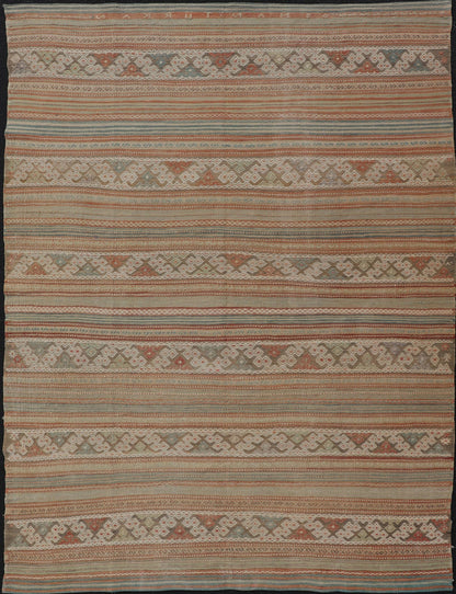 Muted Colored Vintage Embroidered Kilim with Stripes and alternating Geometric motifs. Geometric stripe design Kilim runner in multi - colors in muted tones, rug EN - 179892, country of origin / type: Turkey / Kilim, circa 1950 This vintage K... - Keivan Woven ArtsEN - 179892 - 14500Rug
