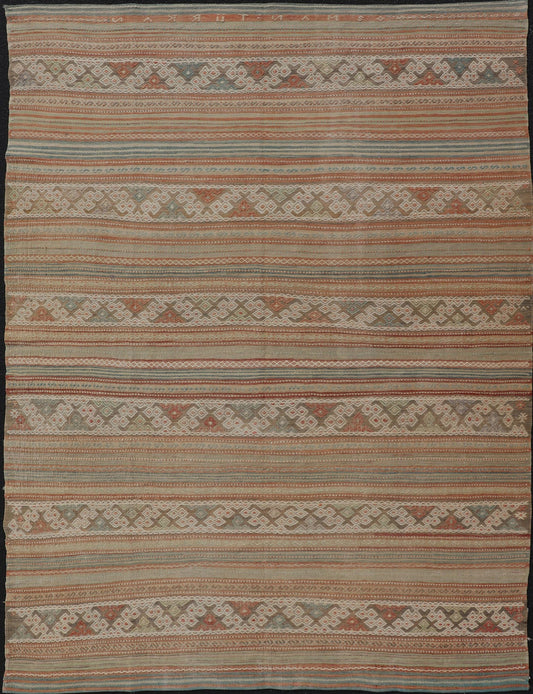 Muted Colored Vintage Embroidered Kilim with Stripes and alternating Geometric motifs. Geometric stripe design Kilim runner in multi - colors in muted tones, rug EN - 179892, country of origin / type: Turkey / Kilim, circa 1950 This vintage K... - Keivan Woven ArtsEN - 179892 - 14500Rug