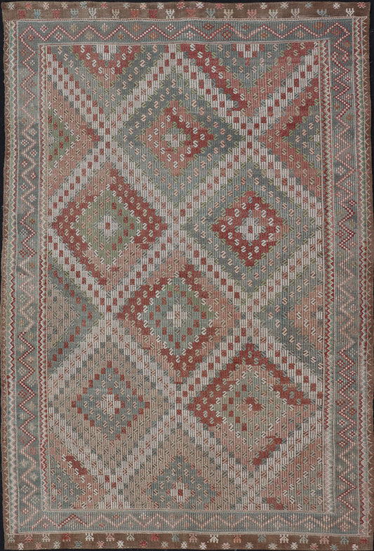 Colorful Vintage Turkish Embroidered Flat - Weave in Diamond Design. Keivan Woven Arts / rug / EN - 179894 country of origin / type: Turkey / Kilim, circa 1950 Measures: 7'0 x 10'5 Rendered in diamond shapes with a spotted and speckled assortment of... - Keivan Woven ArtsEN - 179894 - 15406