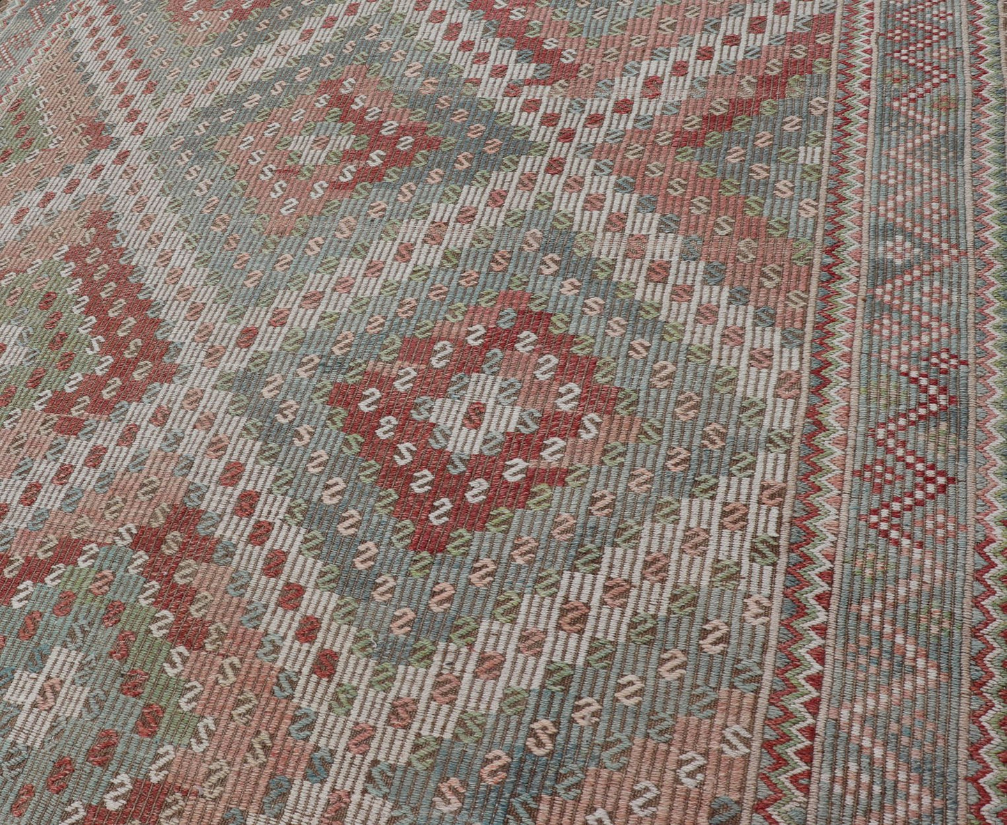 Colorful Vintage Turkish Embroidered Flat - Weave in Diamond Design. Keivan Woven Arts / rug / EN - 179894 country of origin / type: Turkey / Kilim, circa 1950 Measures: 7'0 x 10'5 Rendered in diamond shapes with a spotted and speckled assortment of... - Keivan Woven ArtsEN - 179894 - 15406Rug